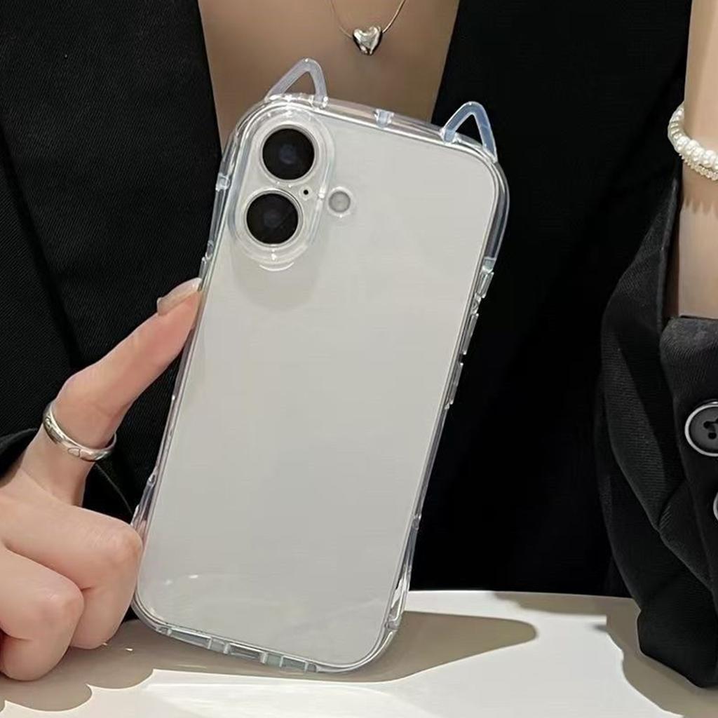 Cat Ears Transparent New Mobile Phone Case for Girls, Simple, High-end, Fashionable and Trendy Four-corner Airbag Mobile Phone Case for Apple