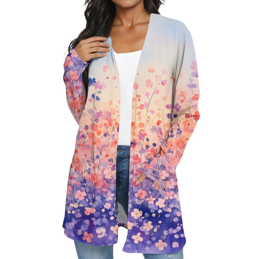 Women's Fashion Casual Retro Floral Print Mid-Length Cardigan Jacket