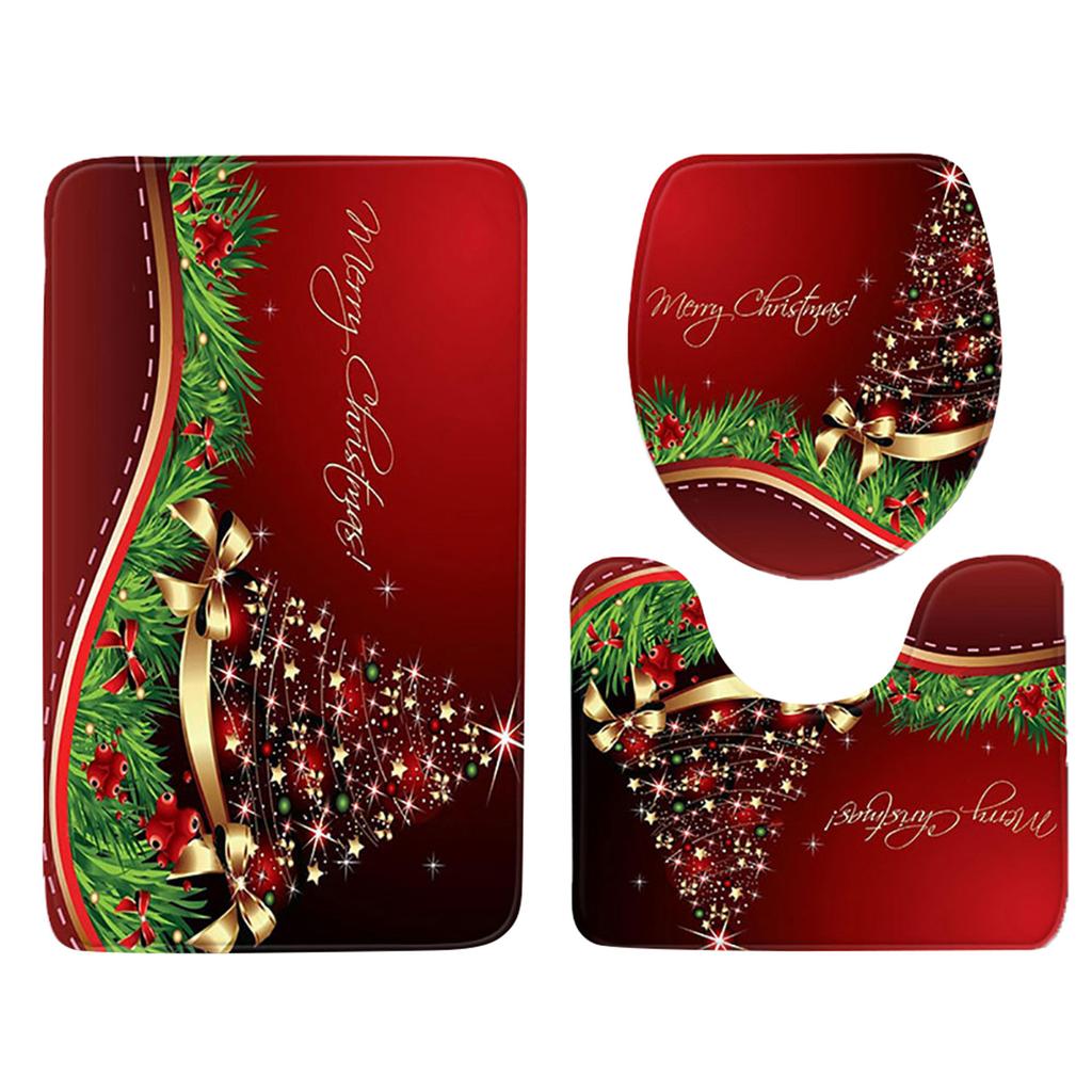 3pcs Christmas Day Non-Slip Bath Mat Bathroom Kitchen Carpet Doormats Decor