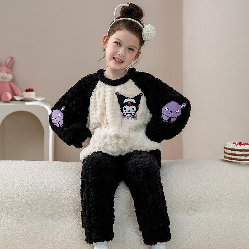 Kids Flannel Pajamas Set Boys Girls Warm Long Sleeve Top And Pants Sleepwear Winter Home Nightwear
