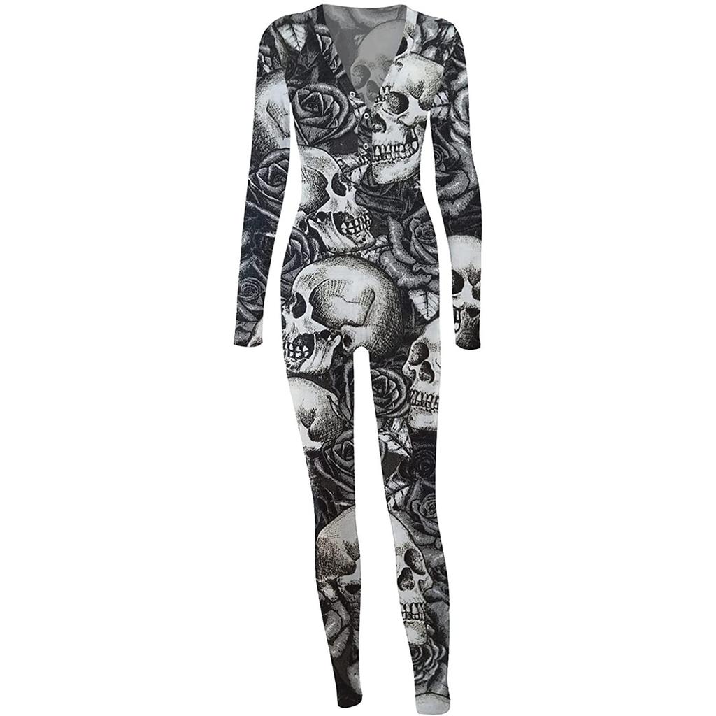 Women's Button-Down Halloween Print Functional Buttoned Flap Adults Jumpsuit