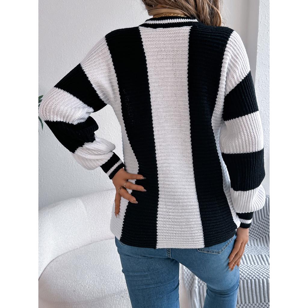 GMXIA Autumn and Winter Casual Color-blocking Striped Lantern Long-sleeved Pullover Sweater Women's Wear