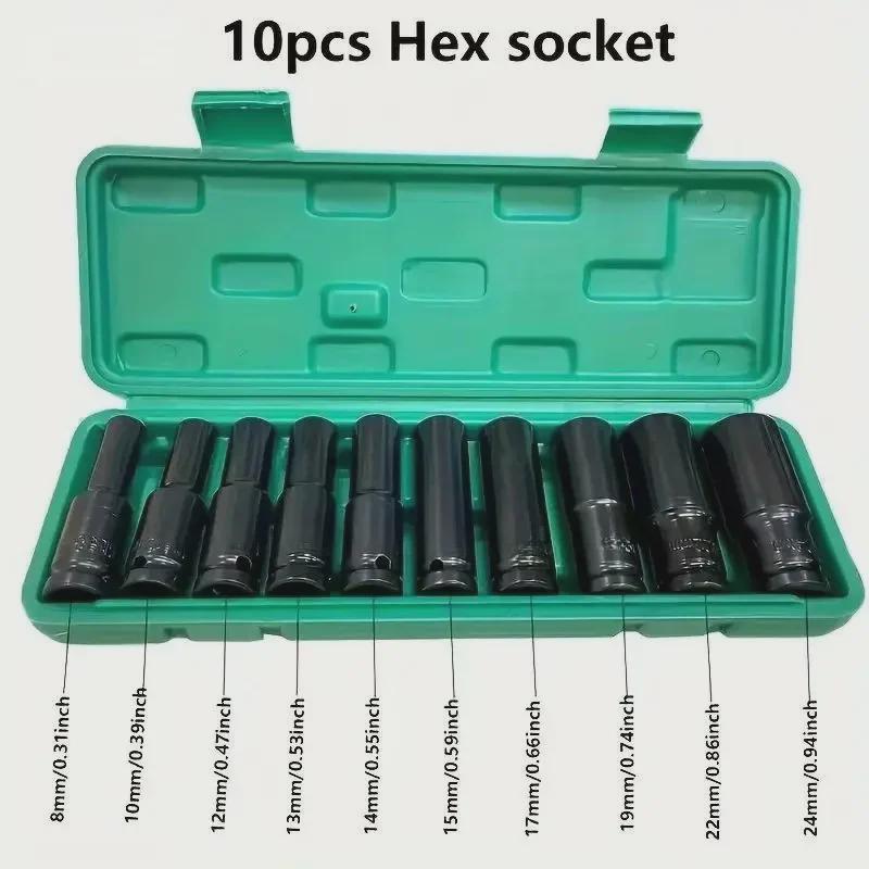 10-Piece Pneumatic Air Gun Extended Hex Socket Set (8-24mm)