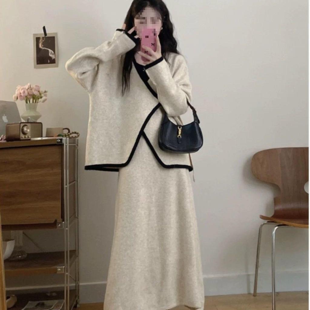 Damen Übergröße Unregelmäßiges Zweiteiliges Set mit Fleece-Futter: Schlankmachender Midirock für Herbst/Winter