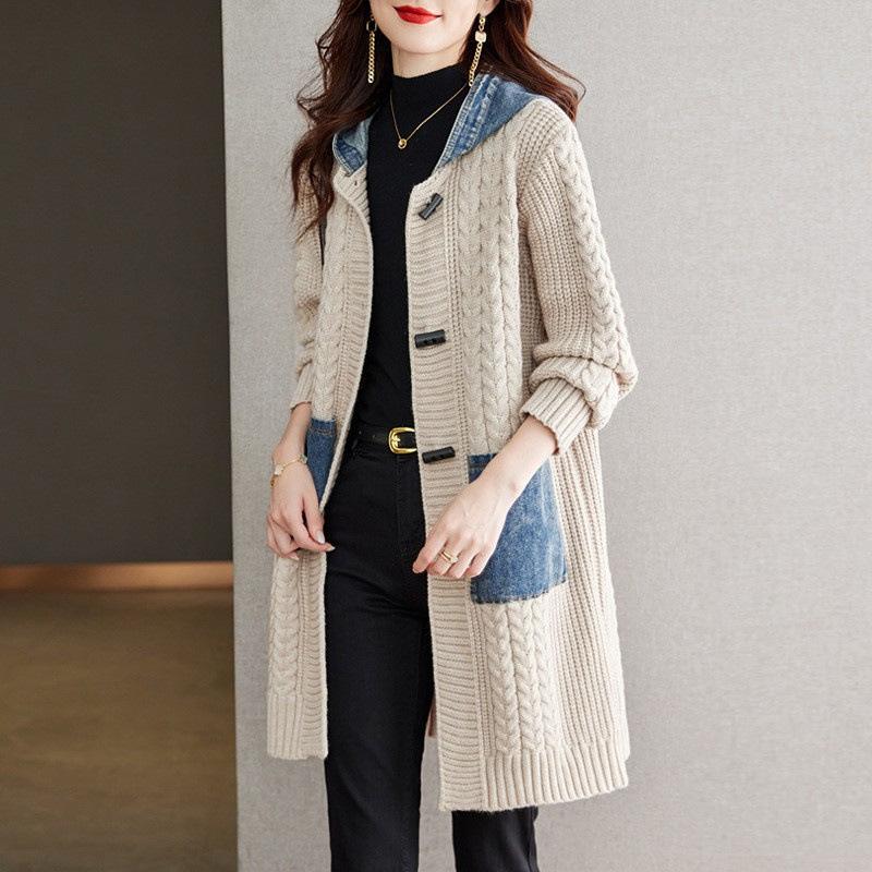 

Long Knit Sweater Cardigan Jacket Coat Women Spliced Denim Hooded Pocket Loose Overcoat Autumn Winter Thicken Sweaters Coat One Size бежевий