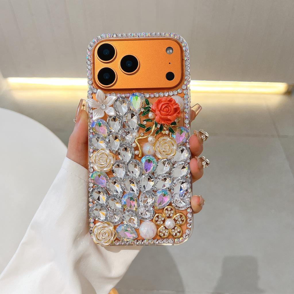Luxury 3D Bling Rhinestone Floral Phone Case For iPhone 17 16 15 14 13 12 11 Pro Max Air mini 16e 8 7 Plus X XS XR, Crystal Diamond Rose Glitter Cover
