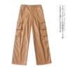 Soft Leather Wide-Leg Overalls Fall and Winter New Foreign Trade Women's Clothing Half Elastic Waist Zipper Button Straight-Leg Trousers 32149