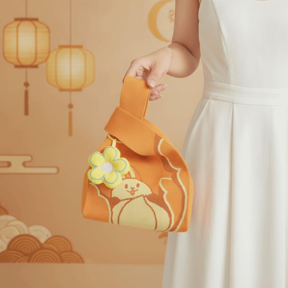 Double Sided Woven Tote Purse Thick Woven Rabbit Gift Pouch Flower Charm Handbag Kids
