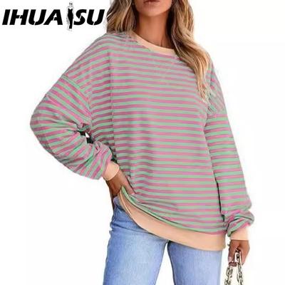 Women's Sports Casual O-Neck Long Sleeve Color Striped Hoodie Set Tunic T-shirt