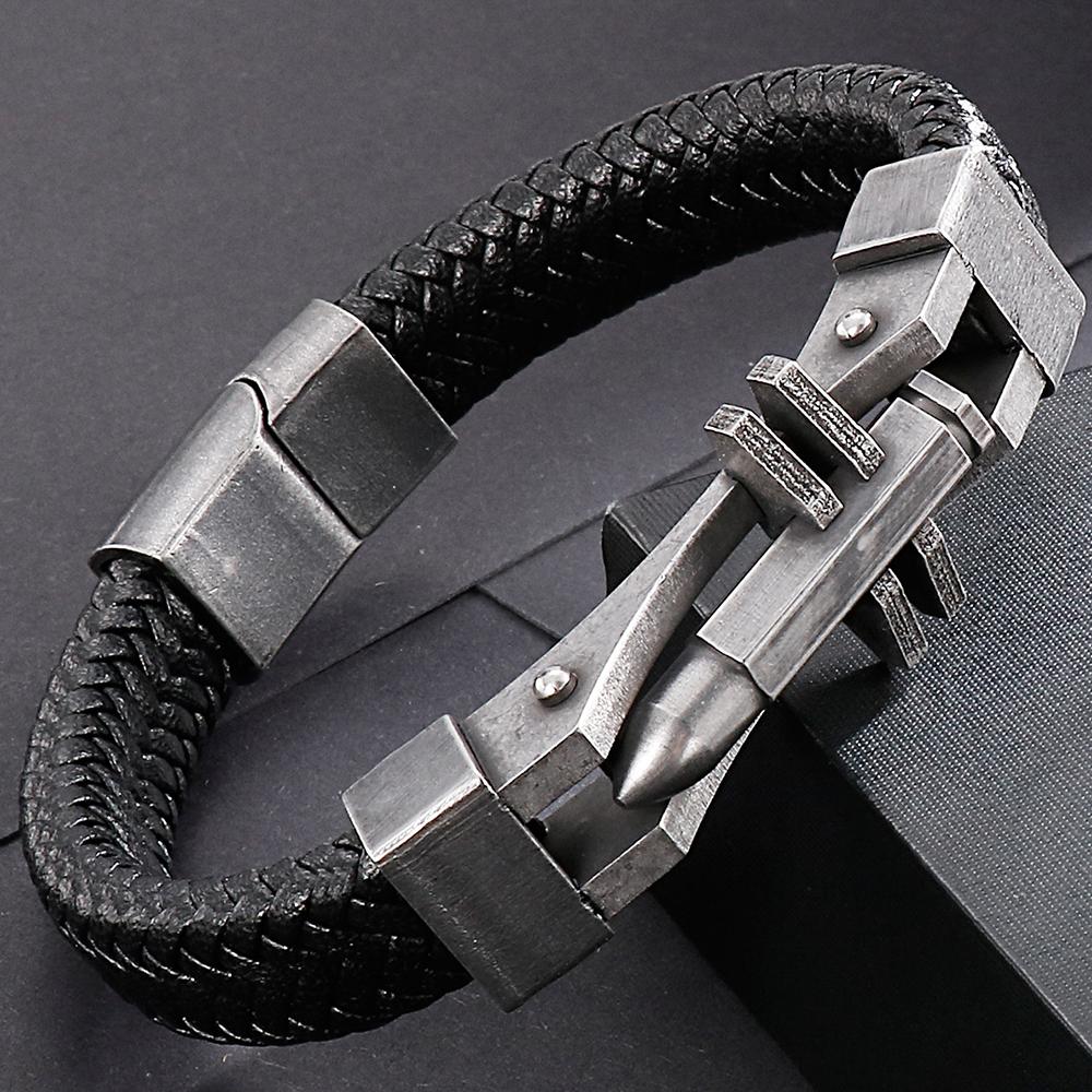 Leather Wristband for Man Bracelet Men Ancient Black Stainless Steel Simple Design Men's Wrap Bracelets Engraving Guests Gift