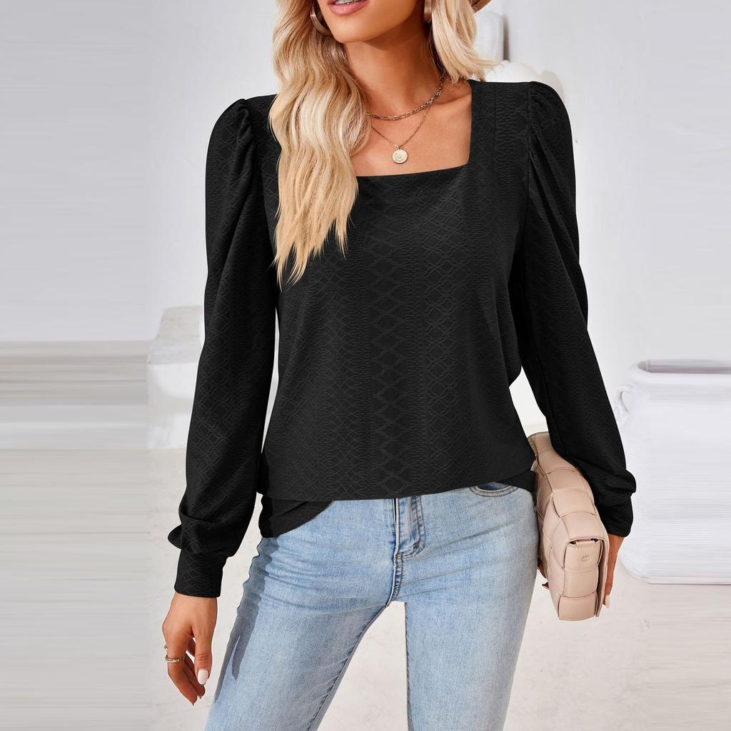 Women's Fashion Solid Colour Long Sleeve Square Neck Loose T-Shirt Top