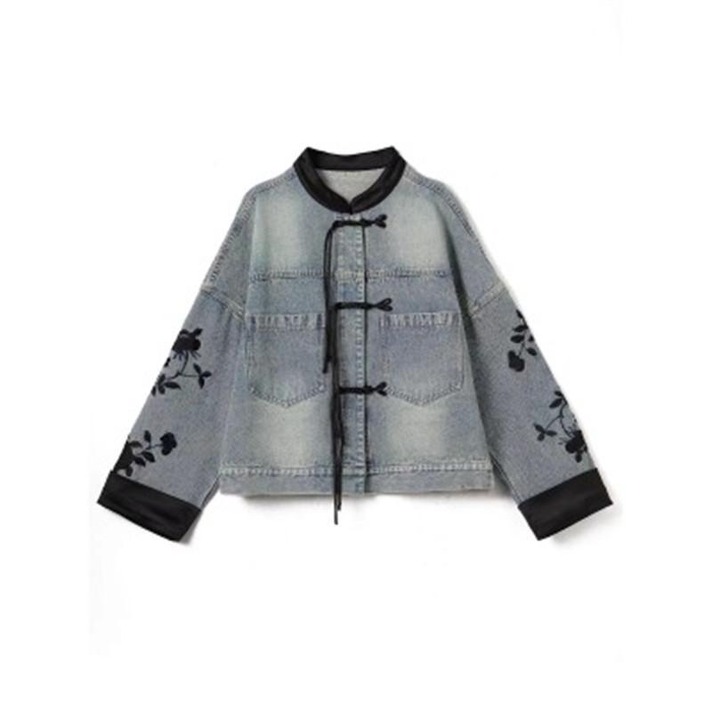 Vintage Print Denim Jacket Women Spring Autumn Fashion Long Sleeve Jeans Short Coat Female Loose Cowboy Outwear