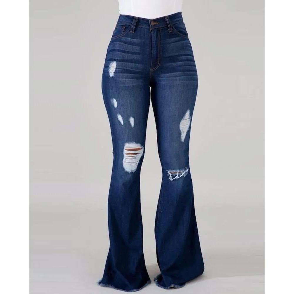 Women Bell Bottom Jeans Elastic Waist Ripped Flared Jean Destroyed Raw Hem Denim Pants