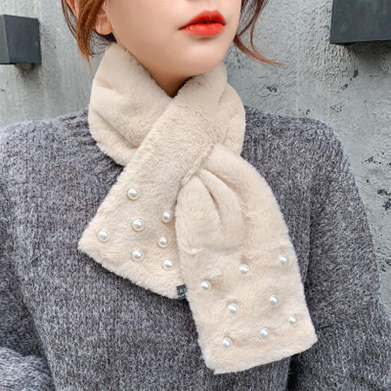 Korean Cute Faux Rex Rabbit Fur Warm Scarf Winter Female Thicken Double-Sided Plush Narrow Cross Neck Guard Pearl Scarves O69