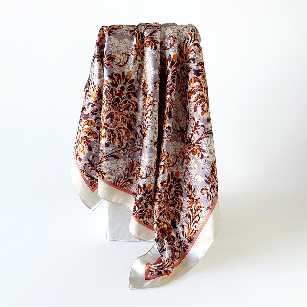 Vintage-print Silk Scarf, 90×90cm, Faux Silk Headscarf, Glossy Satin Headscarf, Head-wrapping Scarf