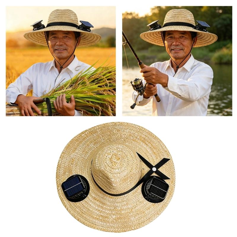 Summer Straw Hat Solar Energy Operated Solar Ventilation Fan Adjustable Solar Fan Drawstring Sports Hat
