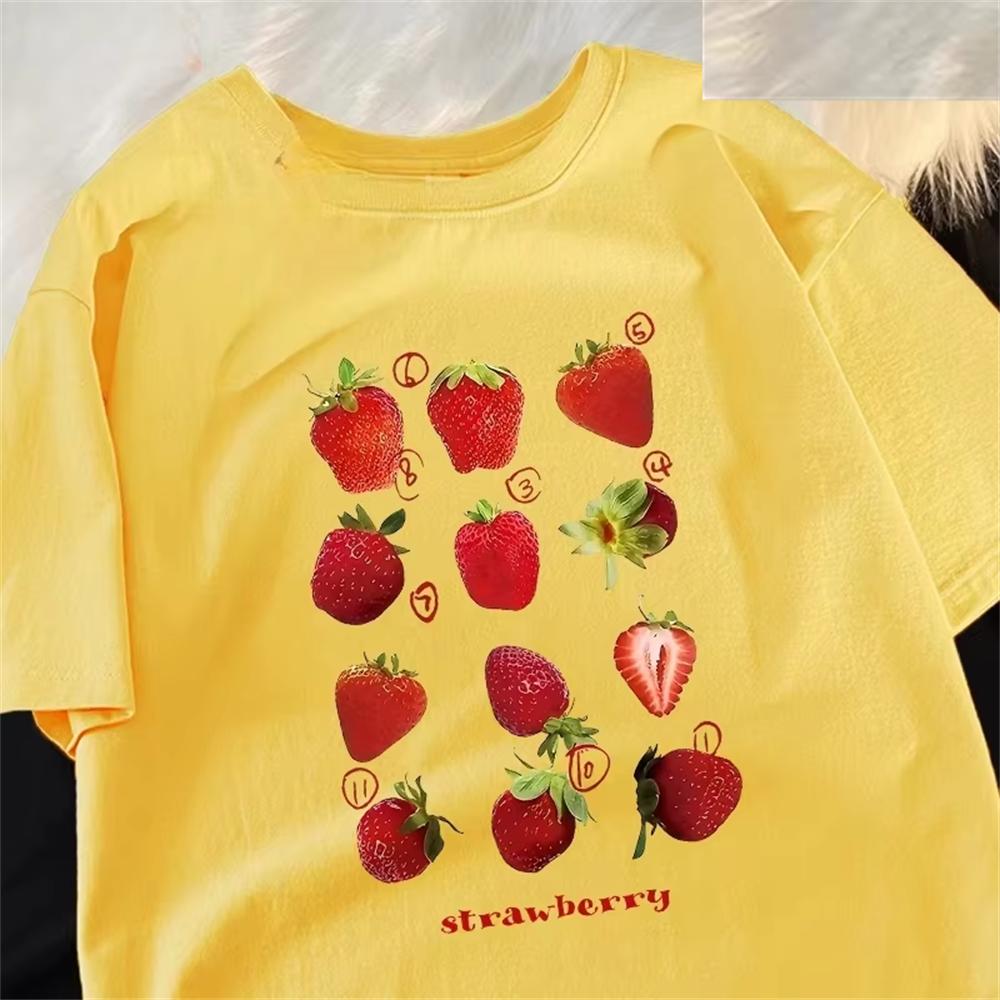 12 Types Strawberry Printing Women Tshirts Pattern Tee Clothes Summer T Shirts Harajuku Loose T-Shirt Soft Daily Wear