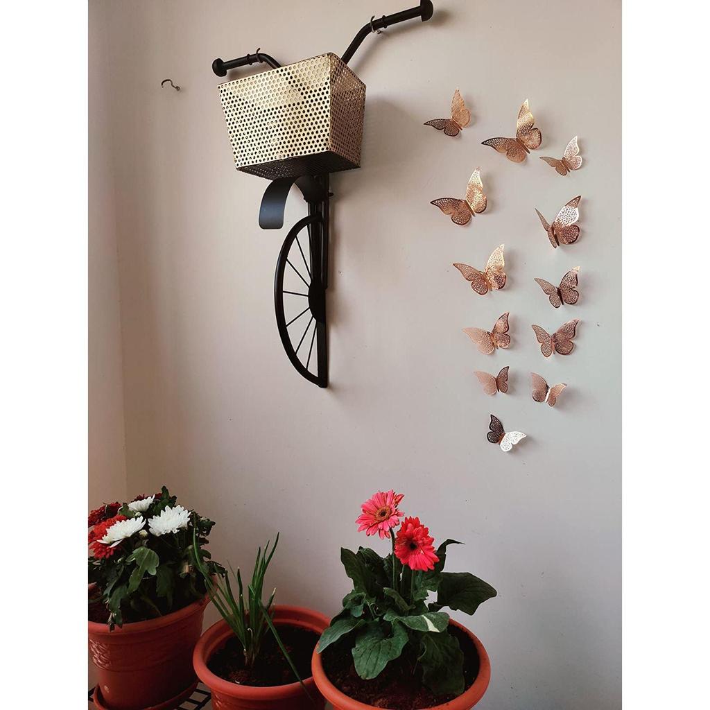 Żelazny rower ścienny do książek, dekoracyjny kwiatowy - (Czarny, Średni) 76,2L x 53,3W centymetrów, metal