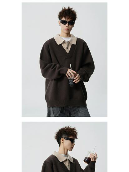 Vintage Style Men's Lapel Sweater: Patchwork Knitwear Pullover for Spring/Autumn