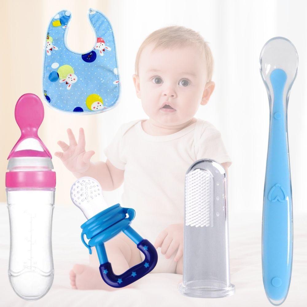 Baby Siliconen Voedingscombinatie – Lepel Fles, Fruitvoeder, Vingerborstel, Siliconen Lepel & Slab Pak van 5