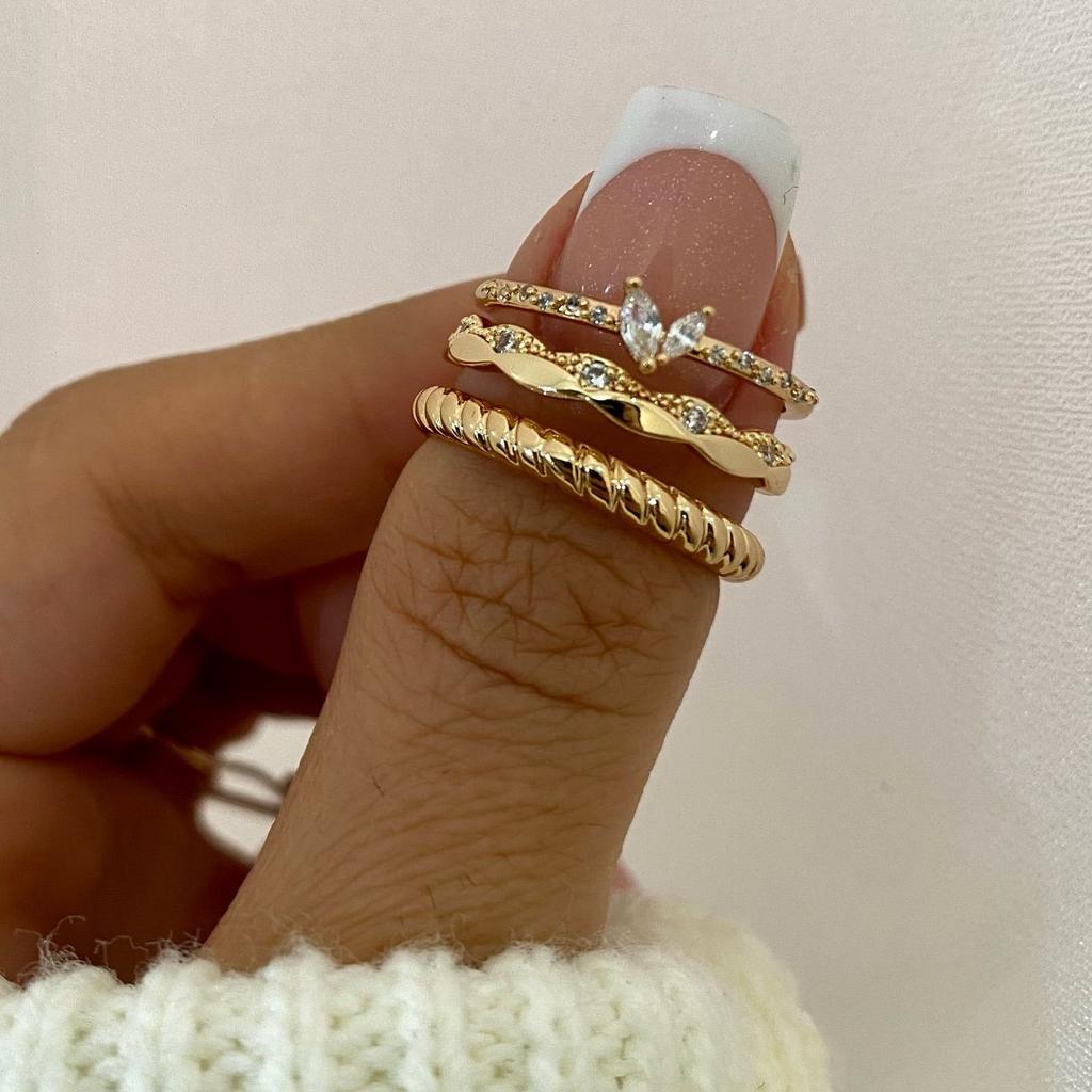 European and American jewelry, trendy ins geometric glass ring 1-piece set, temperament versatile diamond-set stacked jewelry women
