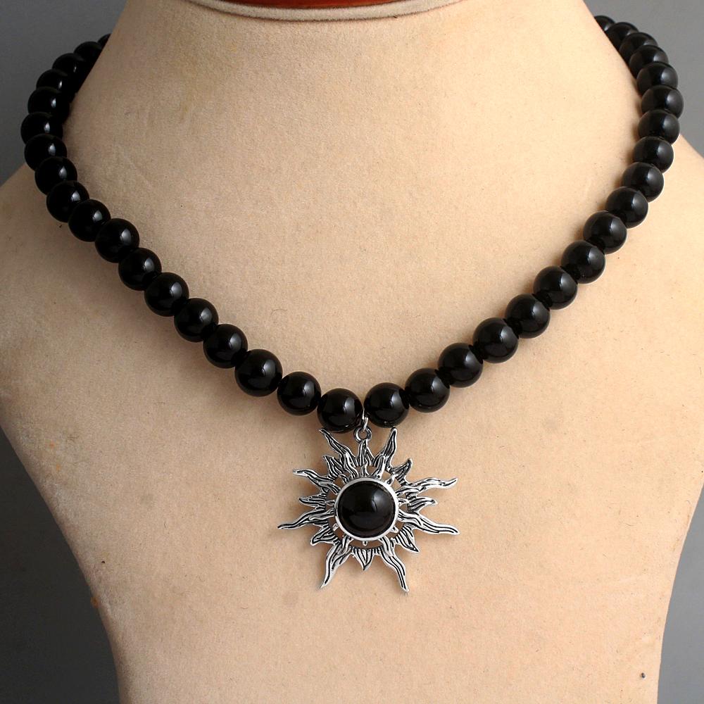 Black Onyx Sun Necklace, Silver Charm Jewelry, Natural Beads Necklace, 925 Sterling Silver, Handmade Jewelry