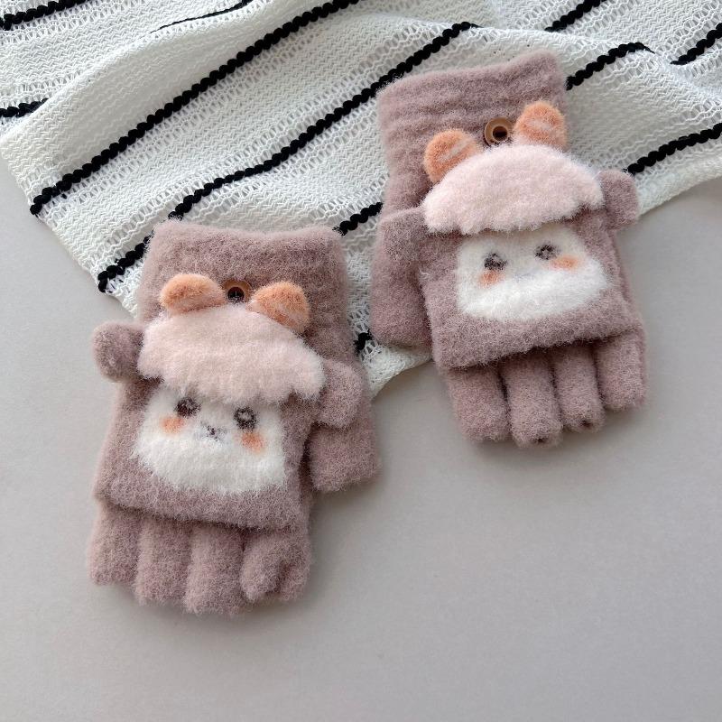 - Einjährige Kinder Strickhandschuhe mit Klappe, Damen Herbst und Winter Halbfinger mit freien Fingern, niedliche lockige Plüsch warme Schülerhandschuhe