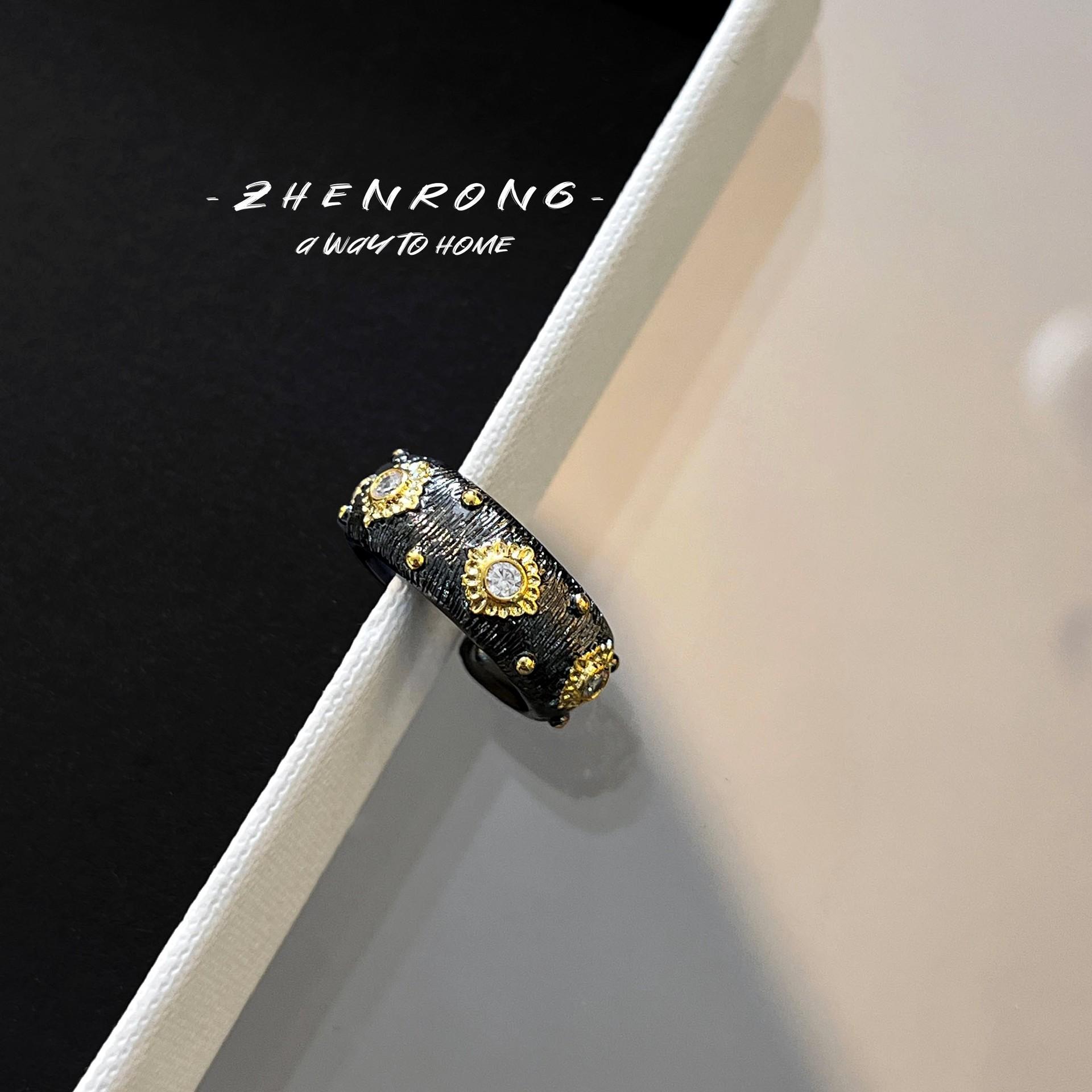 Italian Cloth Qi Lati Lace Element Handmade Brushed Weave Engraved Gold Black Gold Electroplated Two-Color Gold Ring Women Adjustable opening