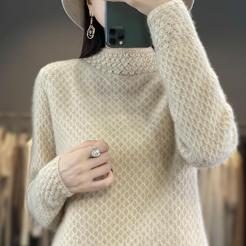Women's Autumn Winter Thick Wool Sweater - Korean Style Half High Collar, Hollow Out Floral Design