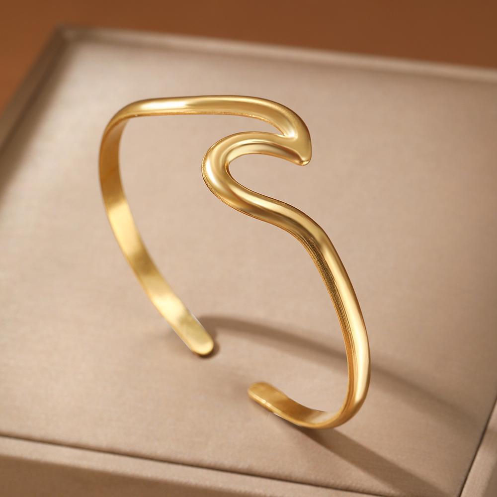 

Aomogo Stainless Steel Bangles European and American Simple Wave Swirl Opening Adjustable Bangles Ladies Jewelry Party Matching
