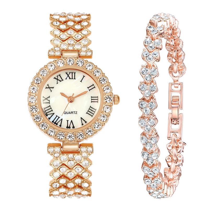 

2 шт. Роскошные элегантные часы из нержавеющей стали со стразами | Минималистичные модные кварцевые часы с браслетом, полностью инкрустированным стразами | Подарки на Ид
