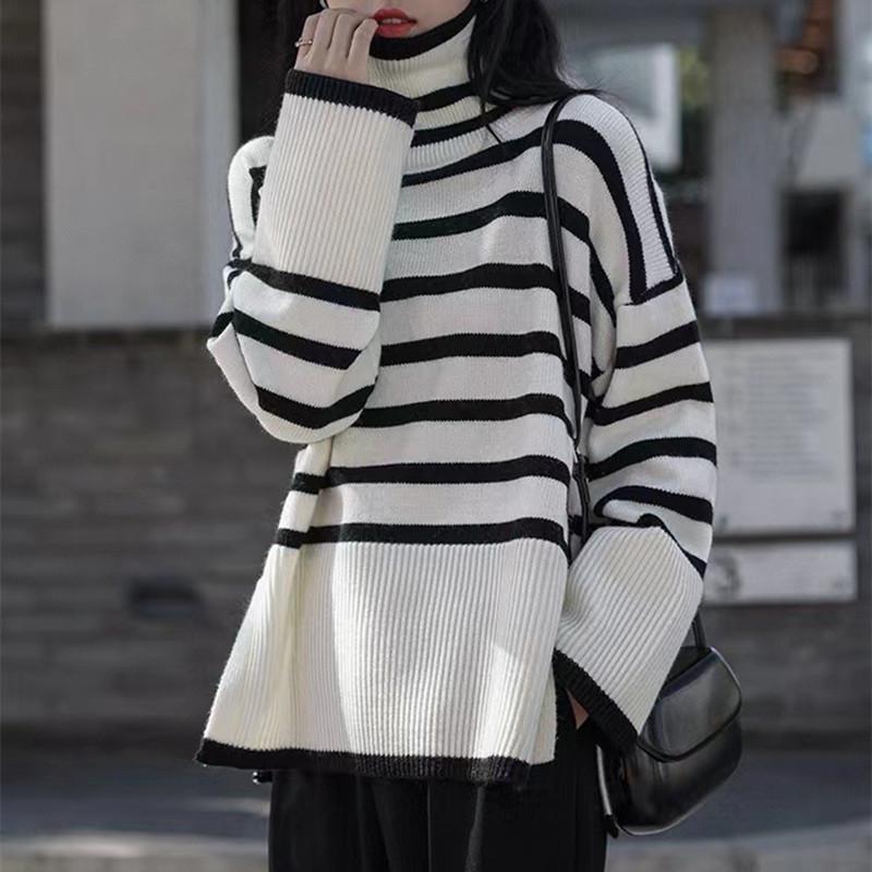 Korean Turtleneck Long-sleeve Knitted Pullover Women's Autumn Winter Loose Color Blocked Stripes Sweater Jacket Y2k Top Female