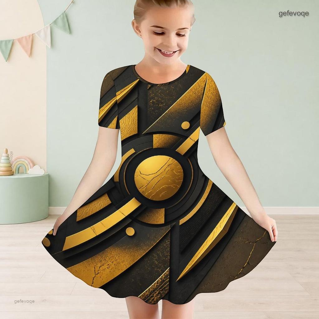 Girls Round Neck Short Sleeve Printed Light Purple A Line Flared Dress