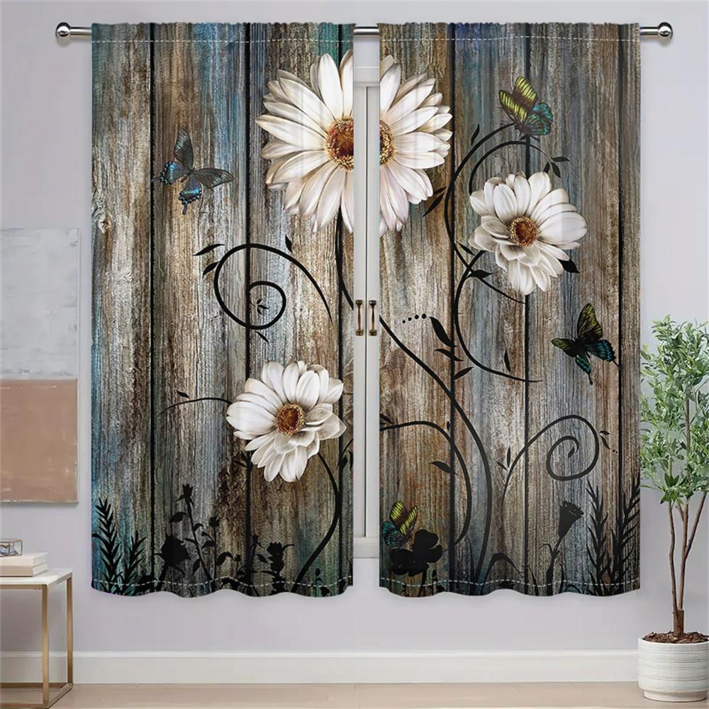2Pcs Rustic Floral Curtains Vintage Wood Grain Daisy Butterfly Pattern Living Room Bedroom Balcony Sunshade Decor Curtains