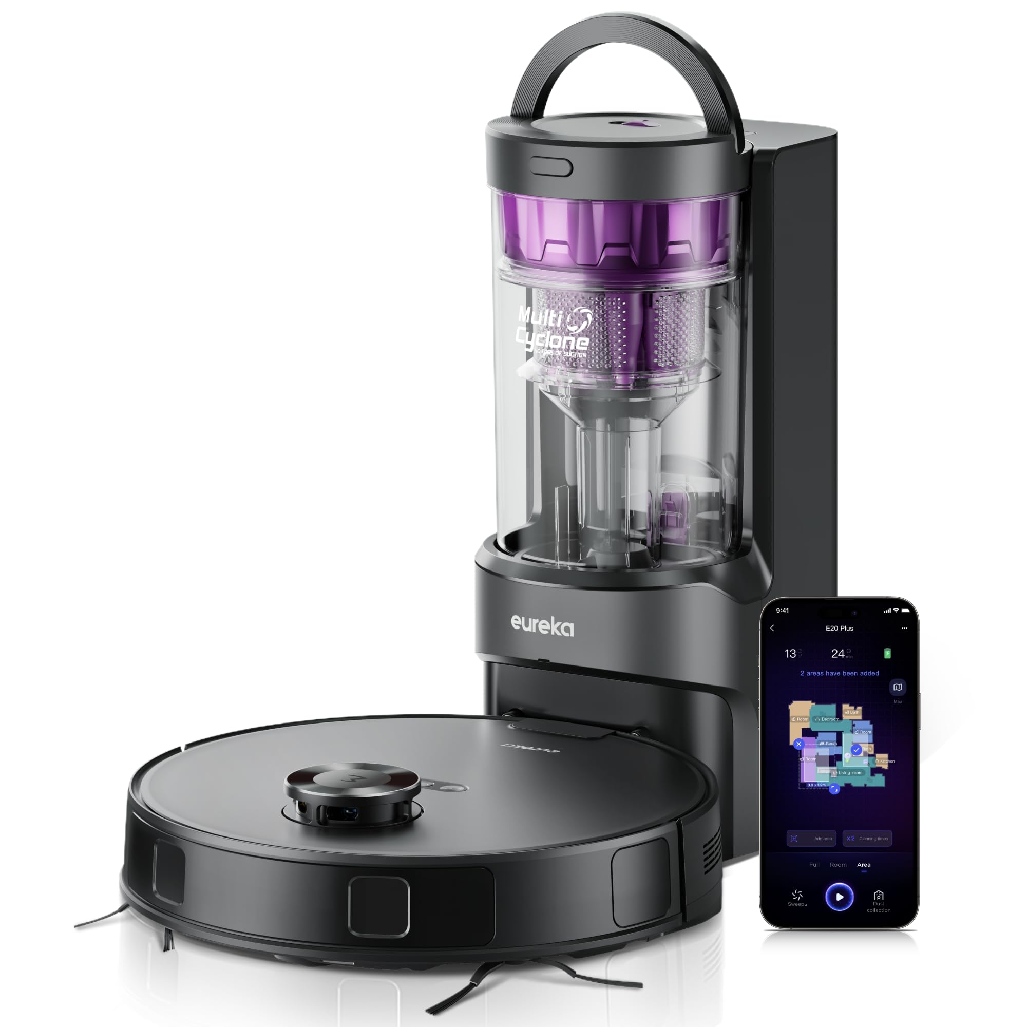 

Робот-пилосос EUREKA E20PLUS Сильна потужність всмоктування 8000 Па Циклонний тип Без заміни паперового мішка Подвійне вологе витирання Швабра Підйом Нова перешкода AI