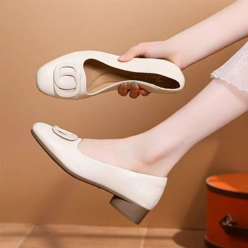 Popular soft leather square scalp single shoes women's 2025 autumn new shallow mouth versatile mother high heels soft sole small leather shoes