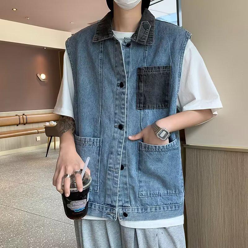 

Мужской джинсовый жилет пэчворк - осенний жилет в гонконгском стиле XXL синий