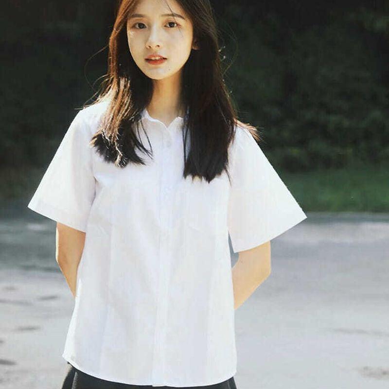 Women's Loose Short Sleeve White Stand Collar Shirt - Versatile Summer College Style JK Uniform Top