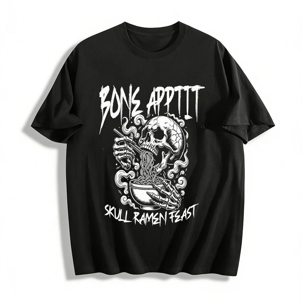 Gothic Skull Eating Ramen Graphic Casual Short Sleeve T-Shirt Pure cotton T-shirt XXS