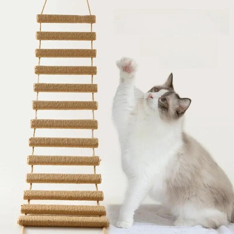 Wall Mounted Solid Wood Sisal Cat Climbing Ladder Scratcher Climber Furniture  Activity Cat Bridge Exclusive Amusement Park
