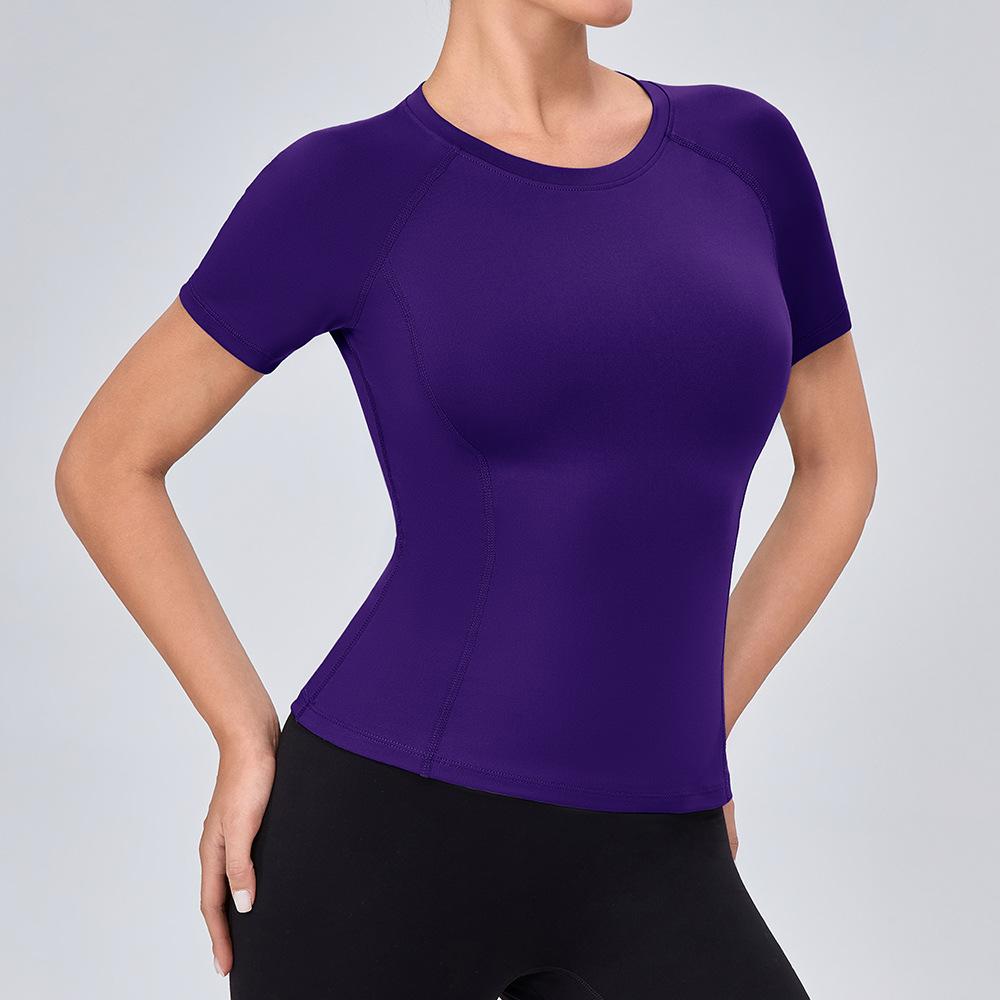 Women Slim Fit Yoga Short Sleeve T-shirt High Elastic Quick Dry Round Neck Top Breathable Slimming Gym Sports Running Shirt