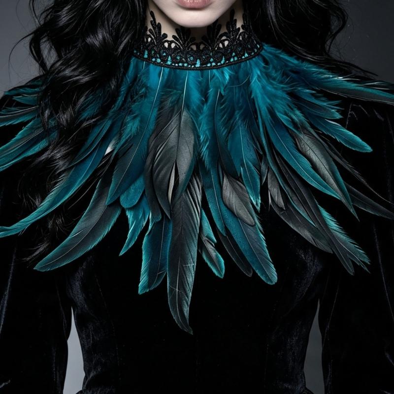 Feather Costume Neck Accessory with Lace Trim, Cosplay Capes Shoulder Wrap, Gothic Pull-On Collar for Party Photos and Stage Styling Appeal