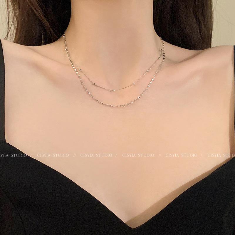 Double Layer S925 Sterling Silver Choker Necklace for Women - Light Luxury, High-End, Stackable Plain Chain Clavicle Necklace 925 Silver золотой