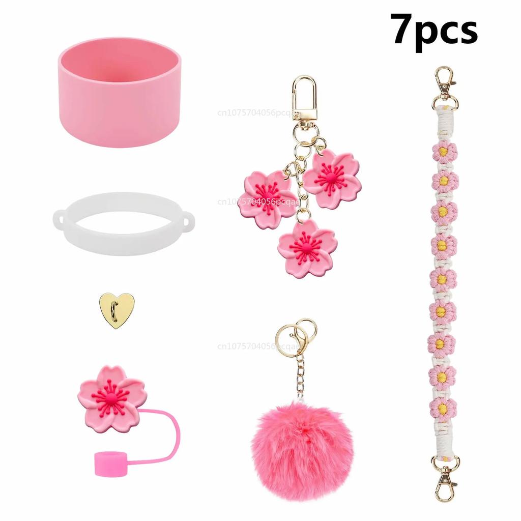 7Pcs /1Set for Cup Including Flower Straw Cover Cap for Straws Pom Chain and Silicone Boot for Cup Accessories