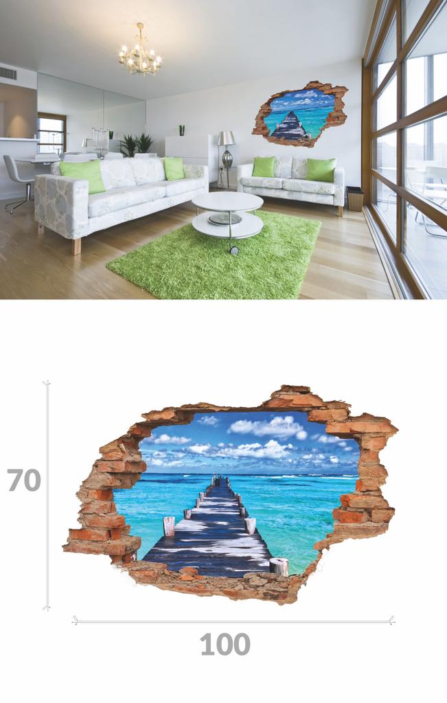 3D brick wall stickers with a sea view