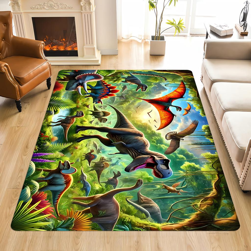 Vintage Forest Dinosaur World Rug, Retro Jungle Animal Non-Slip Floor Mat, Washable Decor Carpet for Kids Room Living Room