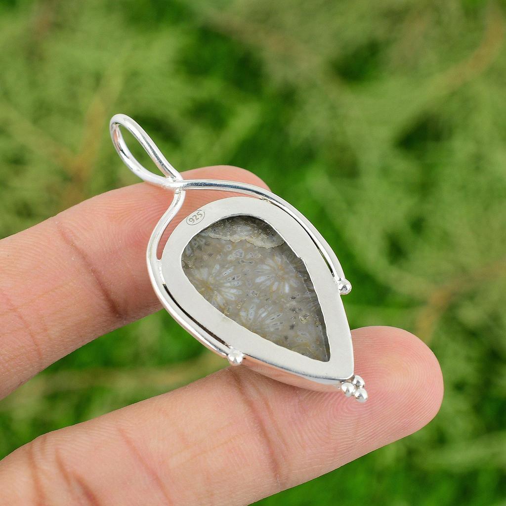 Tacksägelsedagserbjudande Päron Naturlig Fossiliserad Korall Infattning Unik Hänge 925 Silver