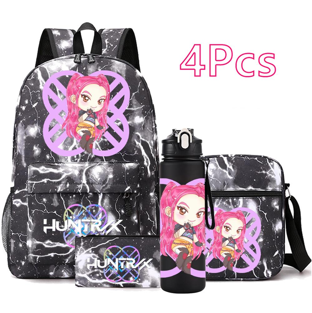 4Pcs/set Cartoon K-pop Printed Backpack Large Capacity Bookbag Shoulder Bag Case Bag with 750ml Water Bottler Boy Girl School Bag Kid Gift