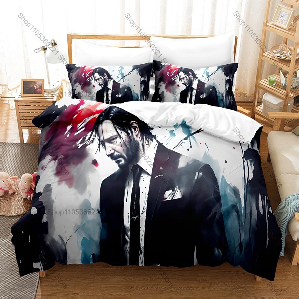 Moody Black Gold John Wick Character Print Duvet Cover + 2 Pillowcases Twin Full Queen King Movie Bedding Set
