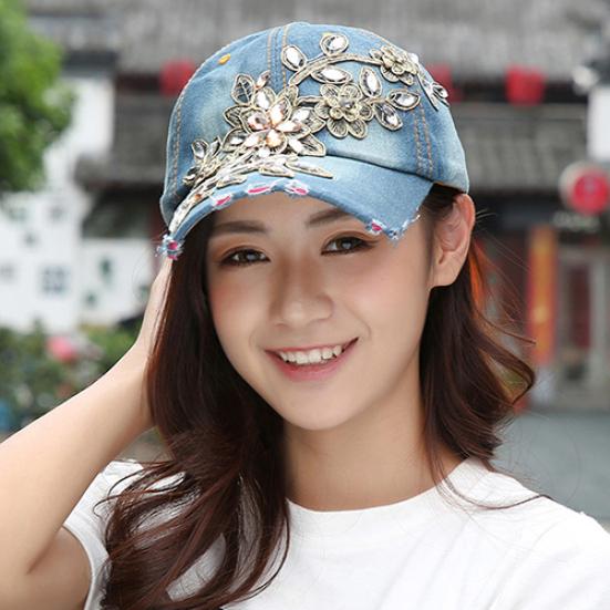 Chapeau de Baseball en Denim avec fleurs en relief pour femmes, chapeau d'été incrusté de strass